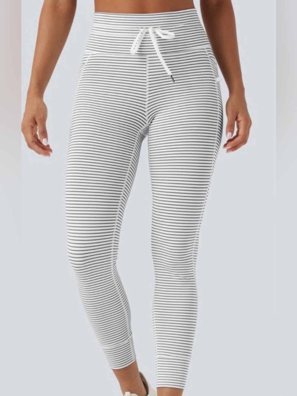 Striped High-Waist Drawstring Leggings - Black & White